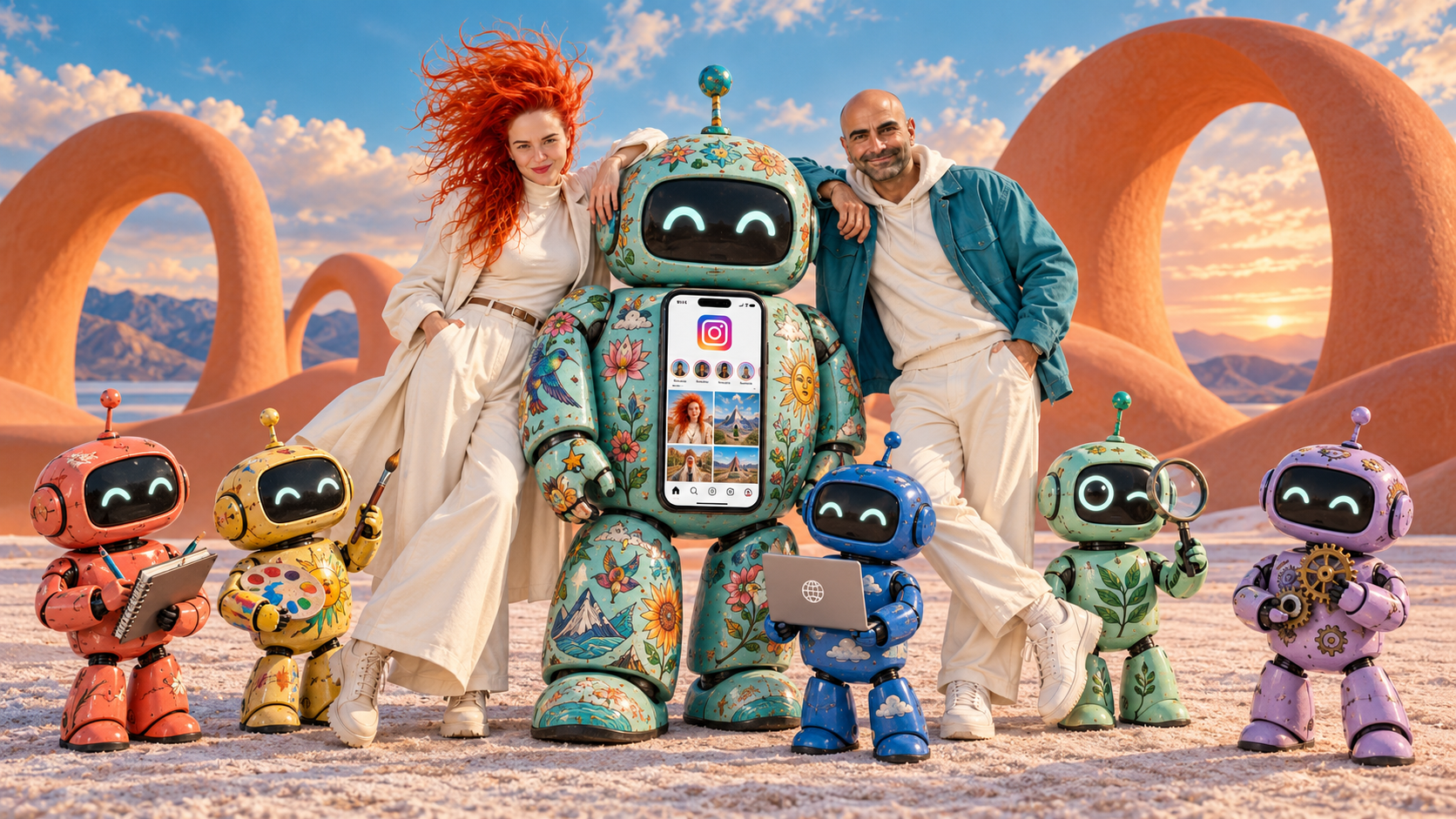 מירב וג׳קי עם רובוט טורקיז מקועקע, אייפון המציג אינסטגרם וחמישה רובוטים קטנים שמייצגים סוכני AI
